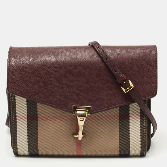 Burberry Handbags - BURBERRY Burgundy House Check Canvas and Leather Macken Crossbody Bag